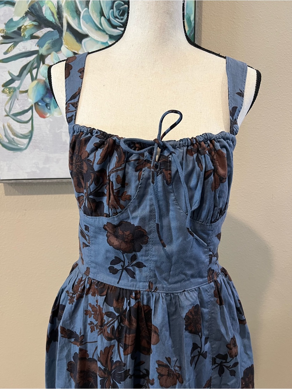Free People Blue Floral Midi Dress with Brown Blooms - Picture 3 of 13